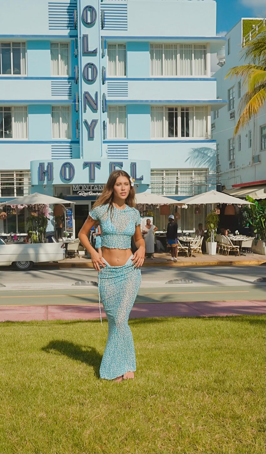 Coqueta del Sol Cover-Up semi-sheer chiffon V-neck tunic with long sleeves and adjustable drawstring waist