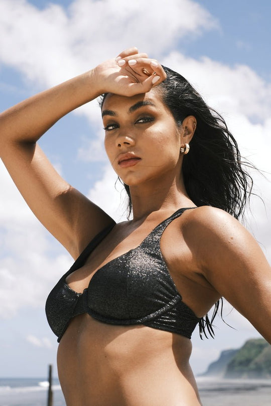 Abalone Shimmer Plunge Bikini Top Underwire Support & Gold Clasp - GigiZara SwimWear