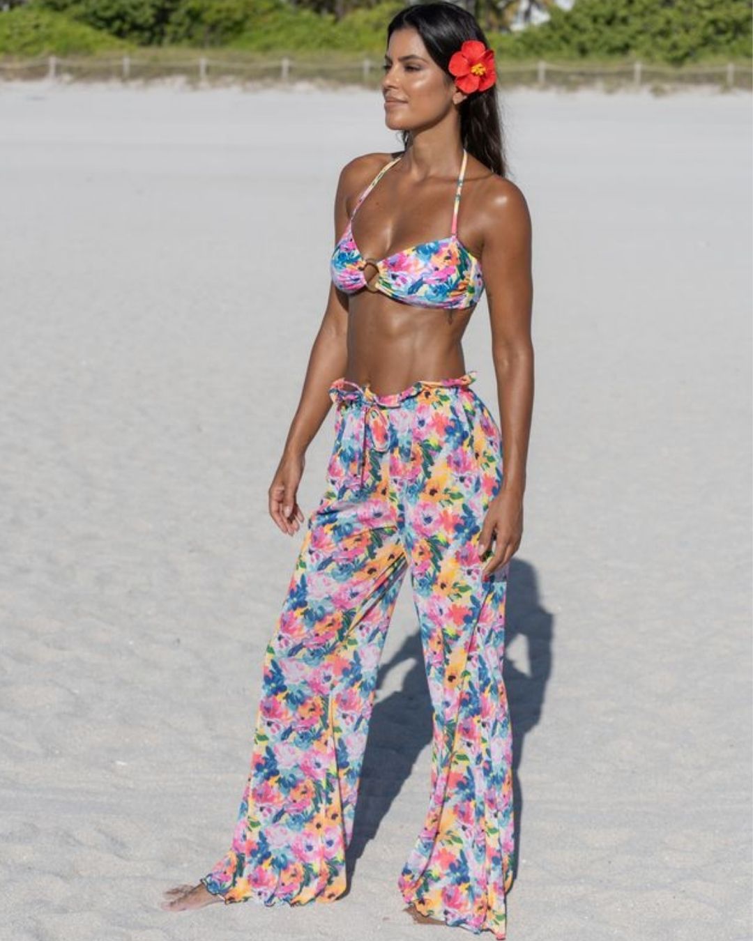 Bougainvillea Bloom Mesh Pants – sheer floral mesh wide-leg pants with adjustable drawstring waist