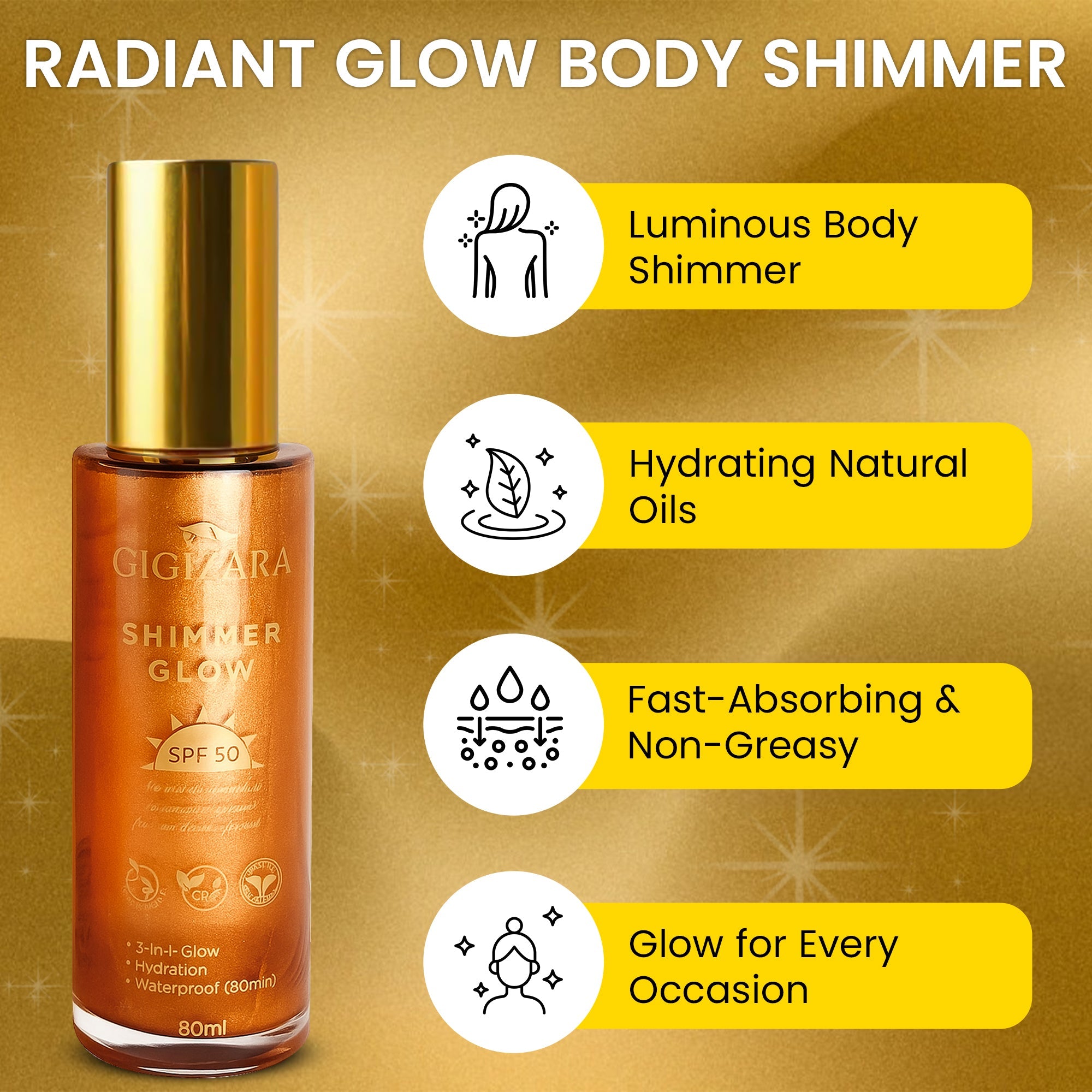 Sun Shield Body Glow, Broad Spectrum SPF 50, Non Sticky, Glowing Results - GigiZara SwimWear