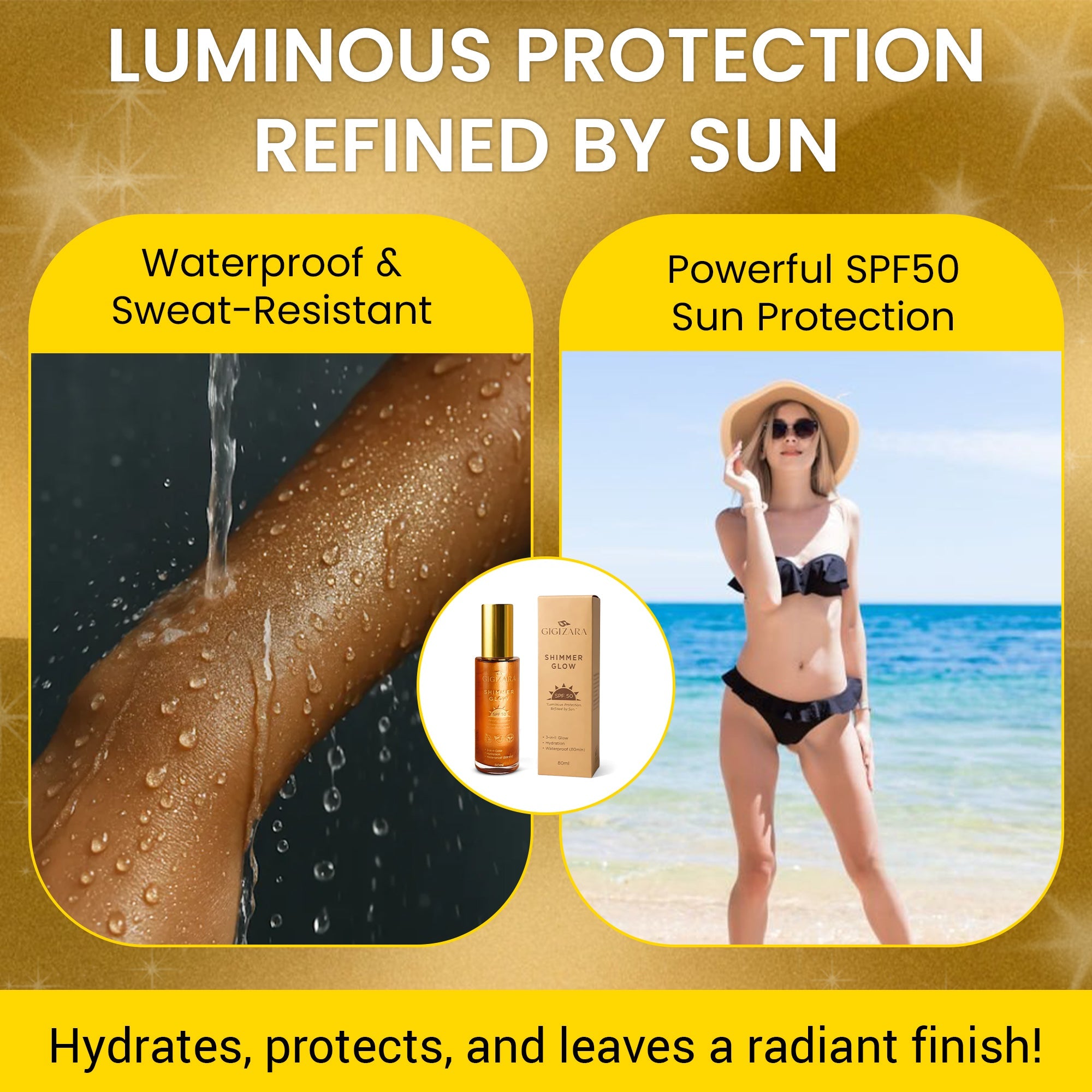 Sun Shield Body Glow, Broad Spectrum SPF 50, Non Sticky, Glowing Results - GigiZara SwimWear